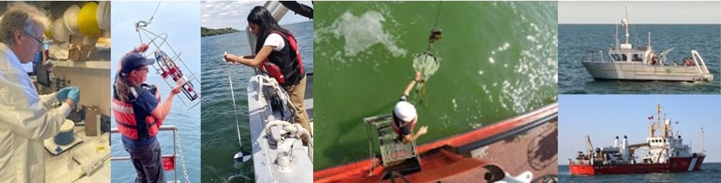 A series of photos showing lab and field sampling from ships and boats by DFO staff.