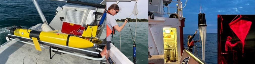 A series of photos showing an autonomous underwater glider, and biologists sampling from the side of vessels.