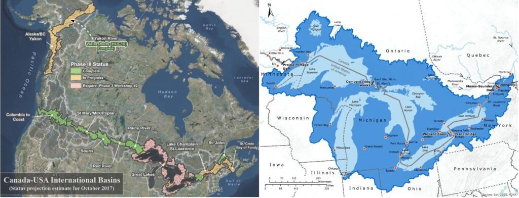 Map of the IJC boundary waters for Canada and the US and detailed watershed for the Great Lakes.