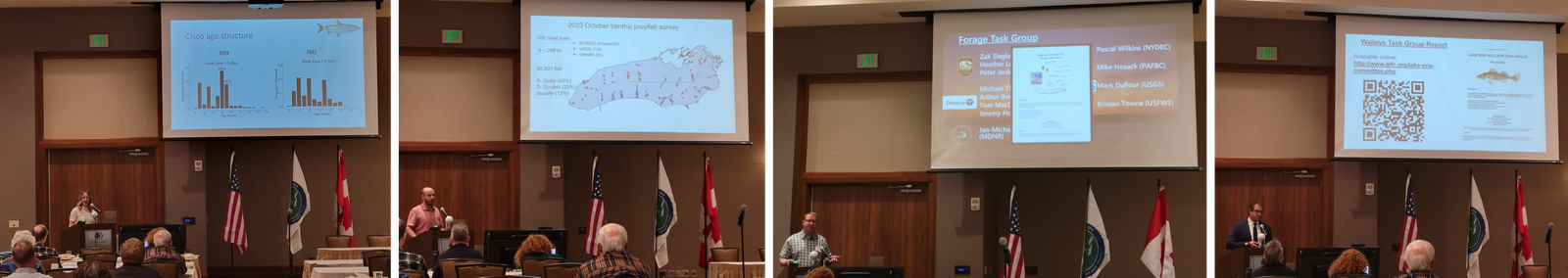 presenters talking at a podium on Lake Ontario and Lake Erie fish status.