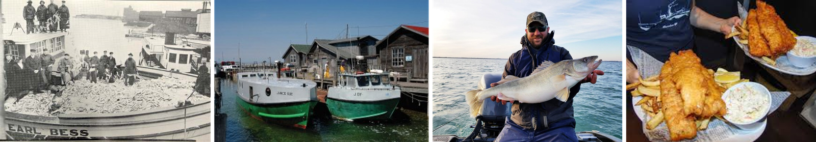 a set of images of historical and modern commercial fishing in Lake Erie, a recreational fisher holding a large Walleye and a server holding two plates of fish and chips.