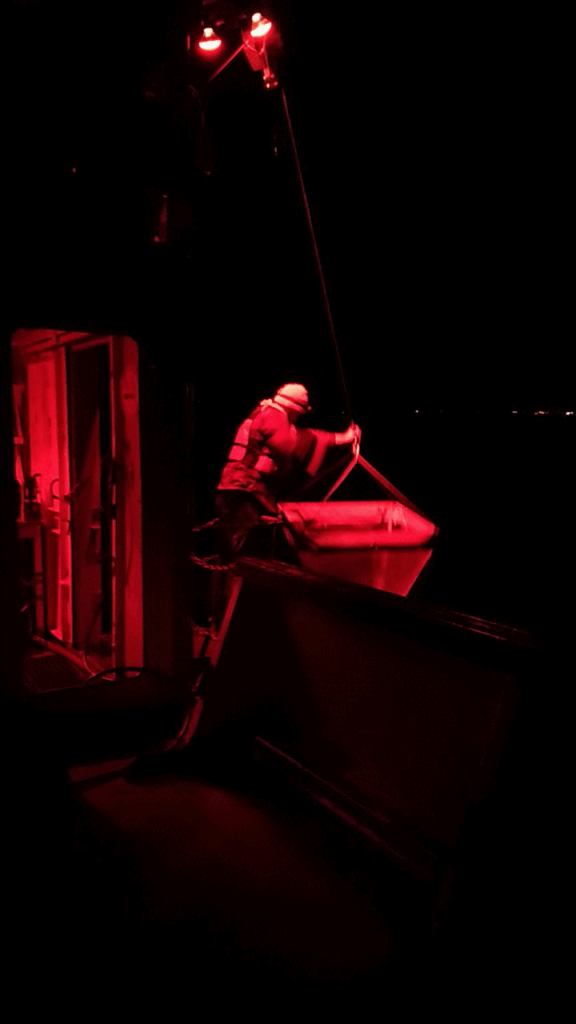 gif of vertical net haul under red light from ship