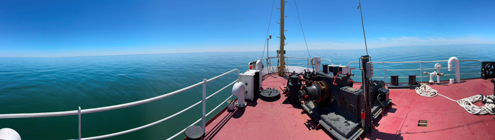 A wide-angle view from the front of the CCGS Limnos under blue skies, during the Lake Erie CSMI field-year.