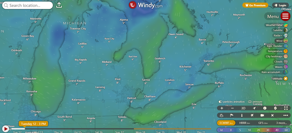 An images of wind speed from Windy.com showing periods of relatively high winds around the Great Lakes.