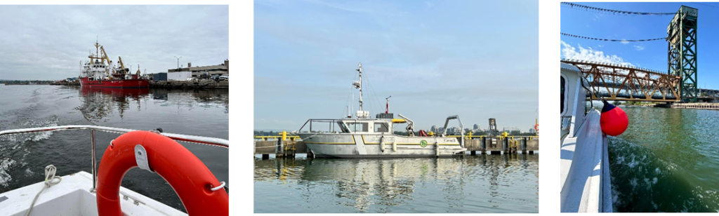 Three pictures from a boat out sampling. First is a view of a large red and white research ship at dock. Second image is of a silver research vessel and last is the boat within a canal approaching an orange painted lift bridge.