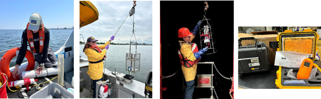 A set of four images of scientists working with equipment: a bottle sampler, a plankton trap sampler and a multi-probe sensor.