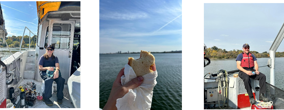 Images of staff taking a break and enjoying their lunches onboard the boat.