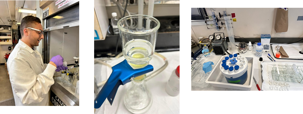 Several images of a technician is working at a fume hood, a glass water filter setup, and a container containing several samples incubating.